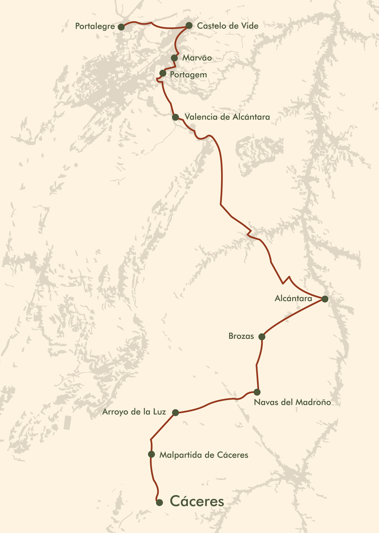 Mapa del camino desde Cáceres hasta Portalegre, con las once ciudades de la ruta.